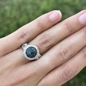 Natural Blue Diamond Pave Halo Ring in 925 Sterling Silver Size 8